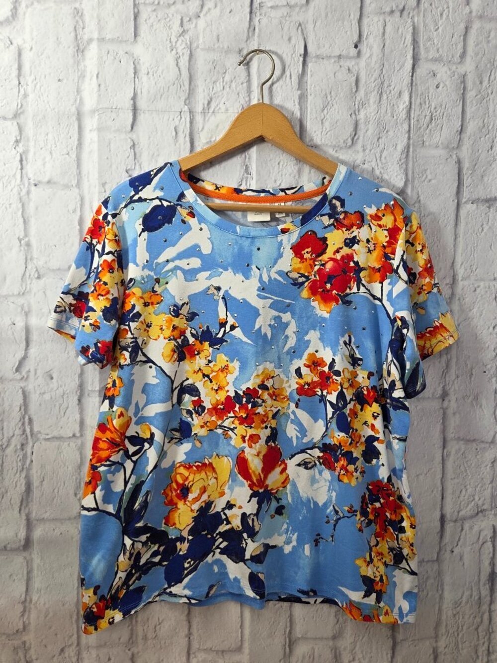 Rafaella Weekend 1X Bold Orange Blue Floral Crewneck Shortsleeve Tee